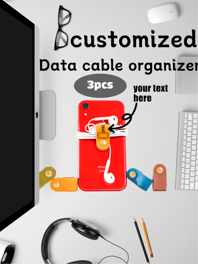 (Customized) 3pcs/Set PU Leather Data Cable Storage, Customized Text Leather Earphone Cable Organizer Tie, Love Data Cable Storage Bag, Earphone Cable Winder, Suitable For Data Cables, Earphones And Other Electronics Accessories
