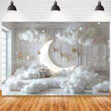 Moon, Star And Cloud Photography Backdrop - Perfect For Birthday Parties, Baby Showers And Indoor Decors - Multicolor - View 1