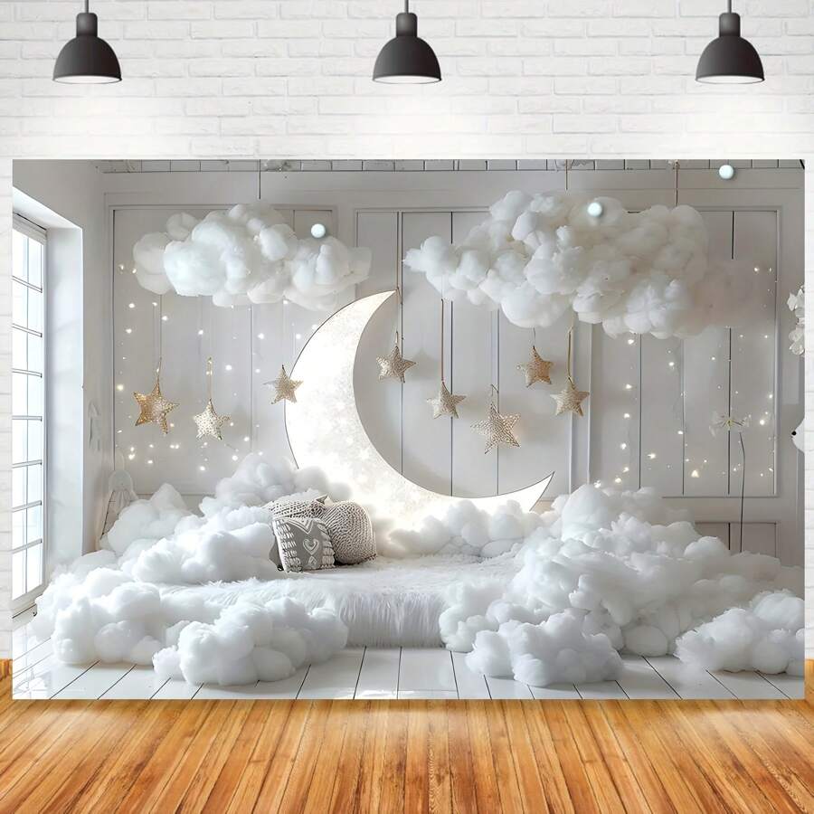 Moon, Star And Cloud Photography Backdrop - Perfect For Birthday Parties, Baby Showers And Indoor Decors - Multicolor - View 1