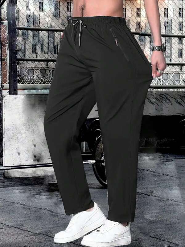 Men's Casual Solid Color Drawstring Pants With Zipper Pockets, Summer Outdoor Activity Gift