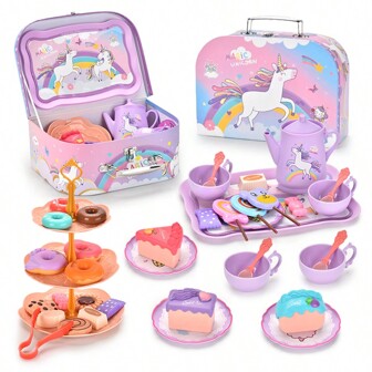 44 pièces/Set Service à thé, Set de théière en plastique factice, Jouets de rôle, Jouets de cuisine pour le goûter d'après-midi de princesse, avec desserts. Cadeau d'anniversaire, de Pâques, d'Halloween et de Noël