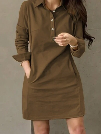 春秋新款时尚休闲翻领纽扣装饰长袖女短款连衣裙