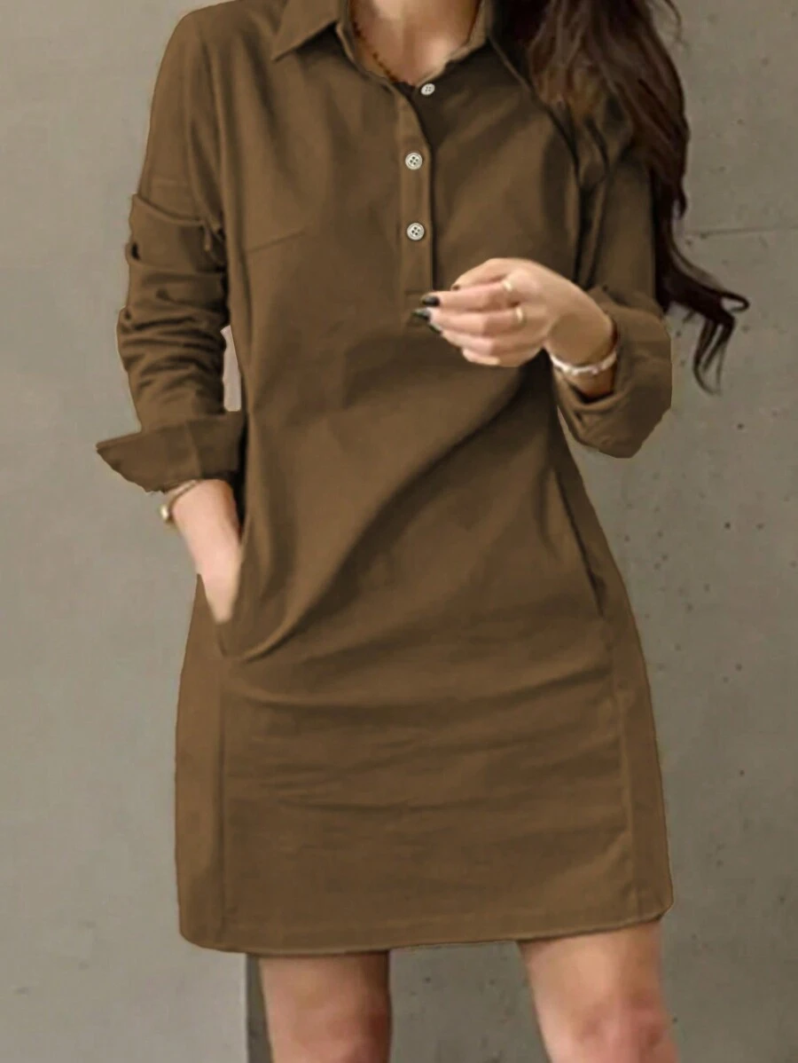Spring And Autumn New Style Fashion Casual Lapel Button Decoration Long Sleeve Women's Short Dress Elegant