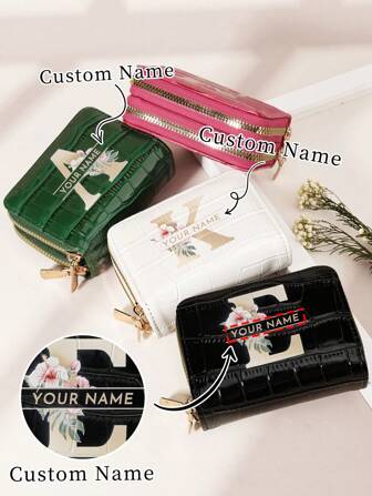 Customizable Name Signature Crocodile Print Floral Letter Bifold Zipper Clutch Wallet, Multi-Card Slots, Gift For Couples, Mother's Day, Birthday Valentines,New Year Glamour