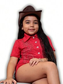 COUNTRY BODYSUIT FOR CHILDREN WITH STONES, SHORT SLEEVES, COUNTRY FASHION - 紅色 - 查看 7