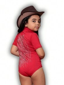 COUNTRY BODYSUIT FOR CHILDREN WITH STONES, SHORT SLEEVES, COUNTRY FASHION - 紅色 - 查看 2
