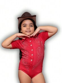 COUNTRY BODYSUIT FOR CHILDREN WITH STONES, SHORT SLEEVES, COUNTRY FASHION - 紅色 - 查看 5