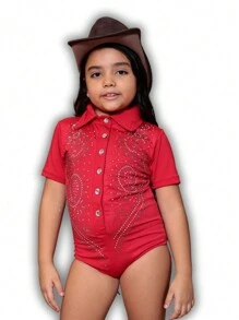 COUNTRY BODYSUIT FOR CHILDREN WITH STONES, SHORT SLEEVES, COUNTRY FASHION - 紅色 - 查看 6