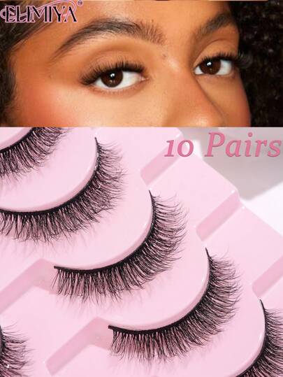 10 pares de pestañas postizas 5D rizadas y de aspecto natural, pestañas en tira de 10 mm