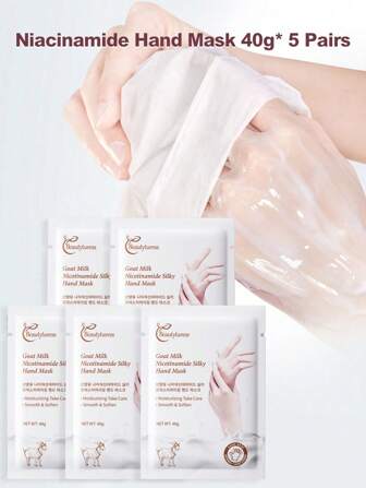 5 pares de Mascarilla de manos con leche de cabra con niacinamida de 40g/par, alisador, hidratante y nutritivo para piel seca, agrietada y áspera, unisex