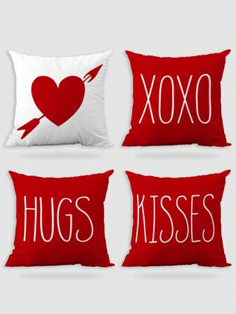 4pcs/1pc Romantic Valentine's Day Red Pillow Cover With Heart Hug & Kiss Print, Suitable For Living Room, Bedroom, Sofa, Home Decor