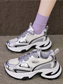 Fashionable Thick-Sole Chunky Sneakers For Women, Silver Gray Versatile Sports Shoes For Spring, Autumn And All Seasons, Platform Shoes For Women - Silver - View 3