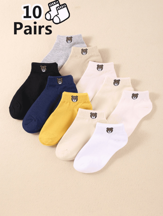10 双可爱熊图案纯色袜子，适合男孩和女孩的短袜