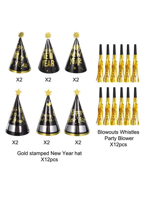 24 peças de chapéus de festa pretos e dourados para festas, adequados para comemoração de ano novo. 12 peças de chapéus de ano novo em folha de ouro, além de 12 peças de apitos de festa dourados
