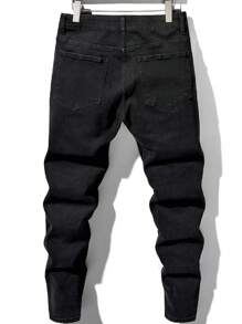 Men's Fashionable Elastic Solid Color Distressed Pleated Pocket Casual Versatile Jeans - Black - View 2