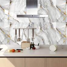 10pcs Marble Pattern Tile Stickers, Waterproof Oilproof Removable PVC Floor Sticker For Kitchen Home Decor