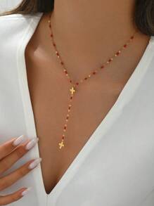 LIEBEIRIS 1 chiếc vòng cổ thép không gỉ mạ vàng 18k hình chữ Y, thích hợp để phụ nữ đeo hàng ngày và làm quà tặng - Đỏ - Xem 4