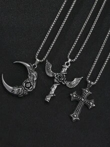 1 件复古哥特式不锈钢吊坠项链，个性化玫瑰花十字架和新月设计，嘻哈时尚风格，适合男女日常佩戴、毕业礼物、父亲节礼物、男士珠宝链项链