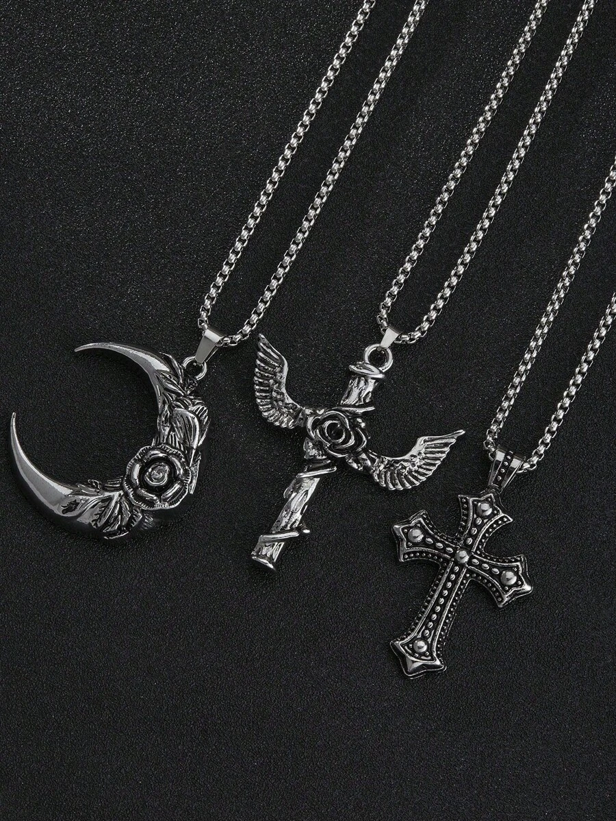 1 件复古哥特式不锈钢吊坠项链，个性化玫瑰花十字架和新月设计，嘻哈时尚风格，适合男女日常佩戴、毕业礼物、父亲节礼物、男士珠宝链项链
