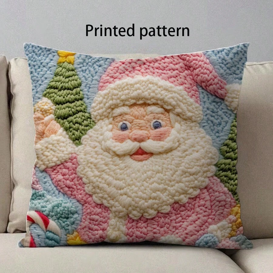 1 件粉色圣诞老人、圣诞树、驯鹿主题数码印花柔软舒适家居装饰枕头，适用于卧室、床上用品和沙发，隐形拉链开合，耐用涤纶 - 粉色 - 查看 1