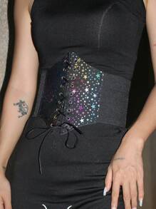 1 件女士宽边松紧带印花星星蝴蝶 PU 皮革时尚套装连衣裙上衣腰部弹力装饰腰带展现完美身材女士束身衣腰带，腰部训练器，塑腰，瘦腰收腹 - Color - 查看 1