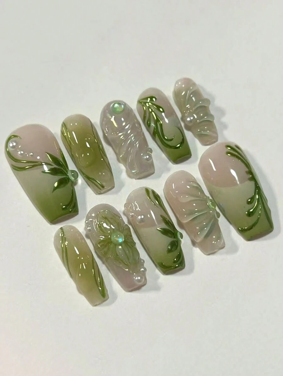 24 Pieces Of Long Coffin-Shaped Green Cool Three-Dimensional Vine Gradient French Pearl Gentle Elegant Fashion Nail Patch Set Is Suitable For Girls To Wear Daily Press On Nails Nail Supplies Nails