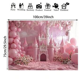 1 件迷人粉色城堡和气球生日派对背景 - 单面涤纶面料，适用于摄影工作室、客厅和户外装饰，无需电力生日派对装饰