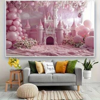 1 件迷人粉色城堡和气球生日派对背景 - 单面涤纶面料，适用于摄影工作室、客厅和户外装饰，无需电力生日派对装饰