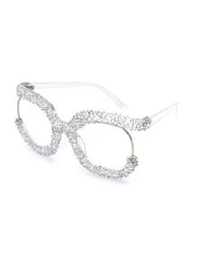 1pc Oversized Round Fashionable Glasses With Diamond Studded Half Frame, Personalized Multifunctional Glasses Frame, Transparent Glasses, Shiny Accessories - 無色 - 查看 18