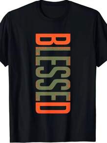 1 Piece, 100% Pure Cotton, Wishing Olive Army Sun Orange, Cool Retro Casual Fun Wearing Exquisite Letter Pattern T-Shirt, Men's Short Sleeved Printed T-Shirt, Square Neck Street Pure Cotton Short Sleeved T-Shirt, Fashionable T-Shirt, Holiday Gift - 黑色 - 查看 1