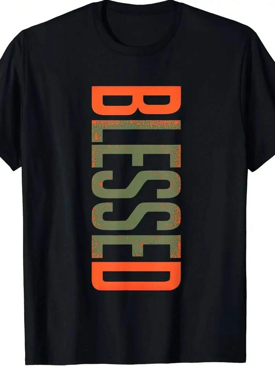 1 Piece, 100% Pure Cotton, Wishing Olive Army Sun Orange, Cool Retro Casual Fun Wearing Exquisite Letter Pattern T-Shirt, Men's Short Sleeved Printed T-Shirt, Square Neck Street Pure Cotton Short Sleeved T-Shirt, Fashionable T-Shirt, Holiday Gift - 黑色 - 查看 1