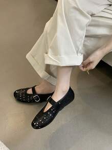 Ballet Flats For Women Hollow Out Mary Jane Flats Perforated Buckle Strap Ballerina Flat Shoes - 黑色 - 查看 6