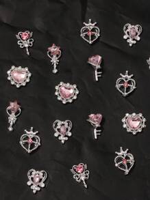 30Pcs 3D Pink Heart Star Nail Charms For Nail Art 3D Decoration Set Silver Base Nail Studs Colorful Pink Heart Nail Rhinestones Crystals Nail Art Jewelry For Actylic Nails - 彩色 - 查看 7