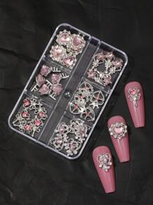 30Pcs 3D Pink Heart Star Nail Charms For Nail Art 3D Decoration Set Silver Base Nail Studs Colorful Pink Heart Nail Rhinestones Crystals Nail Art Jewelry For Actylic Nails - 彩色 - 查看 6