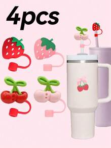 1 pieza/4 piezas Tapas de cubierta de pajita con diseño de fresa y cereza para tumblers de 30 y 40 onzas, tapas lindas de 10 mm para pajitas, cubiertas reutilizables para pajitas, tapas antipolvo para pajitas, tapas sencillas para la punta de la pajita adecuadas para conducir, oficina, acampar al aire libre, Navidad, accesorios para tazas, regalo del Día de la Madre