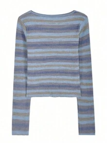 韩版方领针织毛衣，女士新款修身短款长袖打底衫 - 藍色 - 查看 2