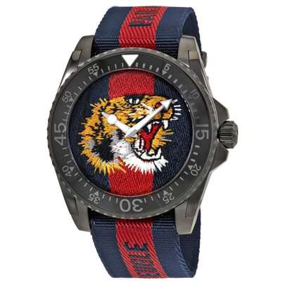 Gucci Men's YA136215 Dive Tiger Embroidered Dial Red And Blue Nylon Watch Red And Blue