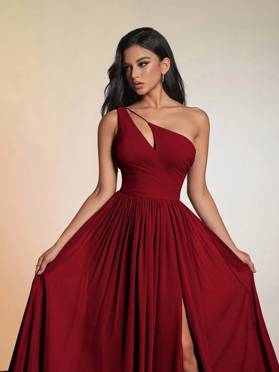 优雅红色露肩雪纺高开叉长款正式晚礼服，女士正装和晚礼服，舞会礼服，女士伴娘礼服，迷人，经典 - 酒紅色 - 查看 1