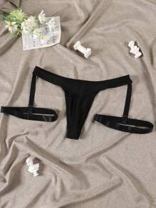 Men's Sexy Black Simple Bow Print Design Leg Garter Thong Underwear - Black - View 3