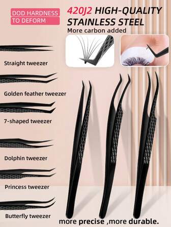 High Precision 1pc Black Lash Tweezers Mesh Handles For Volume Classic Easy Fan Eyelash Extension Tweezers Professional Eyelash Tweezers Stainless Steel 420J2 Superhard Eyelash Tweezers
