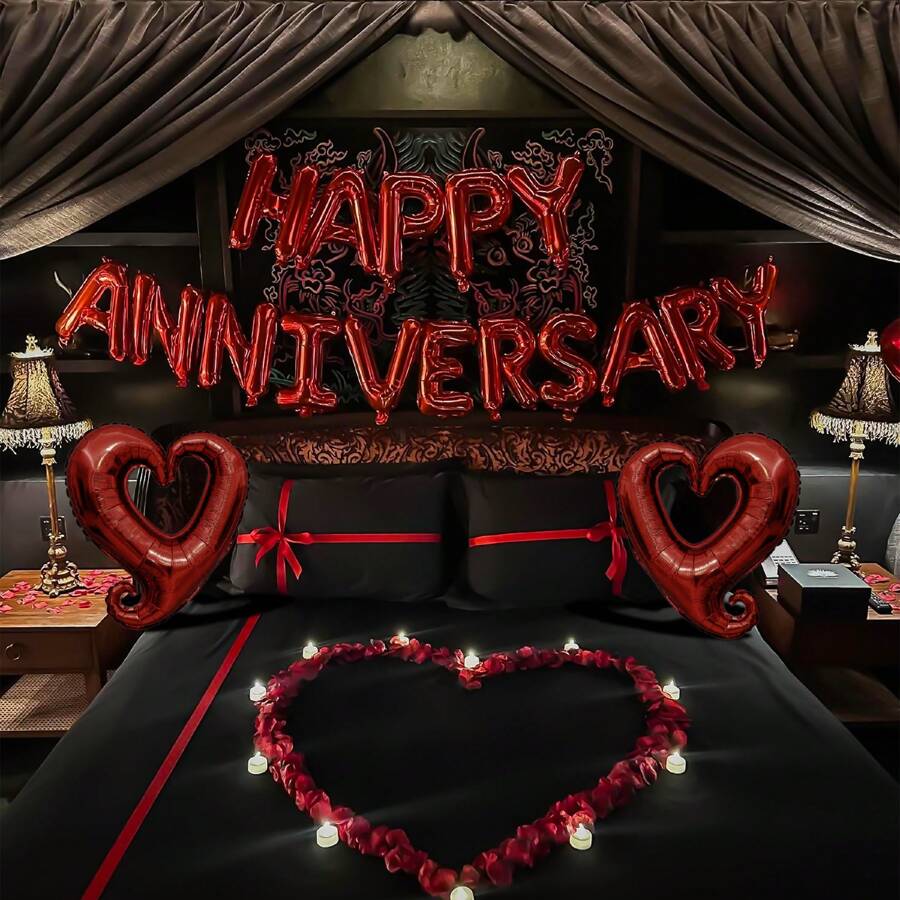 Valentine's Day Decoration Polyester Foil Balloons, Red Heart-Shaped Balloons, HAPPY ANNIVERSARY Letter Banner, Romantic Love Decorations, Red, Silver, Blue, Pink, Rose Gold, Gold, Suitable For Valentine's Day, Bride Wedding, Engagement, Proposal, Bridal Shower
