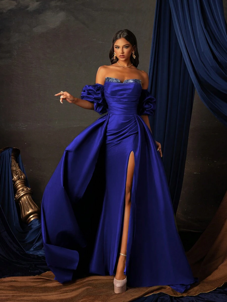 Elegante vestido largo de satén con hombros descubiertos, manga abullonada y abertura alta en azul real para mujeres, vestido de fiesta formal, vestido de boda para invitadas, vestido formal y de noche para mujeres - azul real - Ver 1