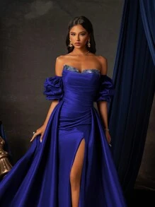 Elegante vestido largo de satén con hombros descubiertos, manga abullonada y abertura alta en azul real para mujeres, vestido de fiesta formal, vestido de boda para invitadas, vestido formal y de noche para mujeres - azul real - Ver 7