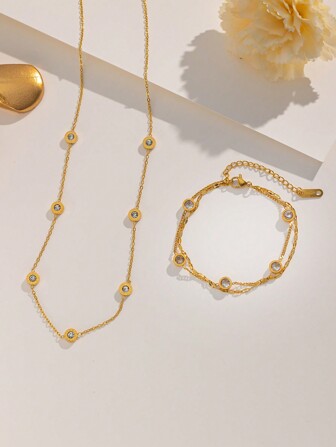 1pc 18K Gold Plated Stainless Steel Cubic Zirconia Oval Mary Necklace, Fashionable, Versatile, Suitable For Daily, Commute, Casual, Party Wear (OPP Bag Packaging)