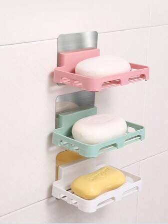 1 件随机工艺壁挂式香皂架，带盖香皂架，无钻孔排水香皂盒，家庭浴室简易香皂收纳架，浴室配件，适用于浴室、梳妆台使用[挂钩样式随机]