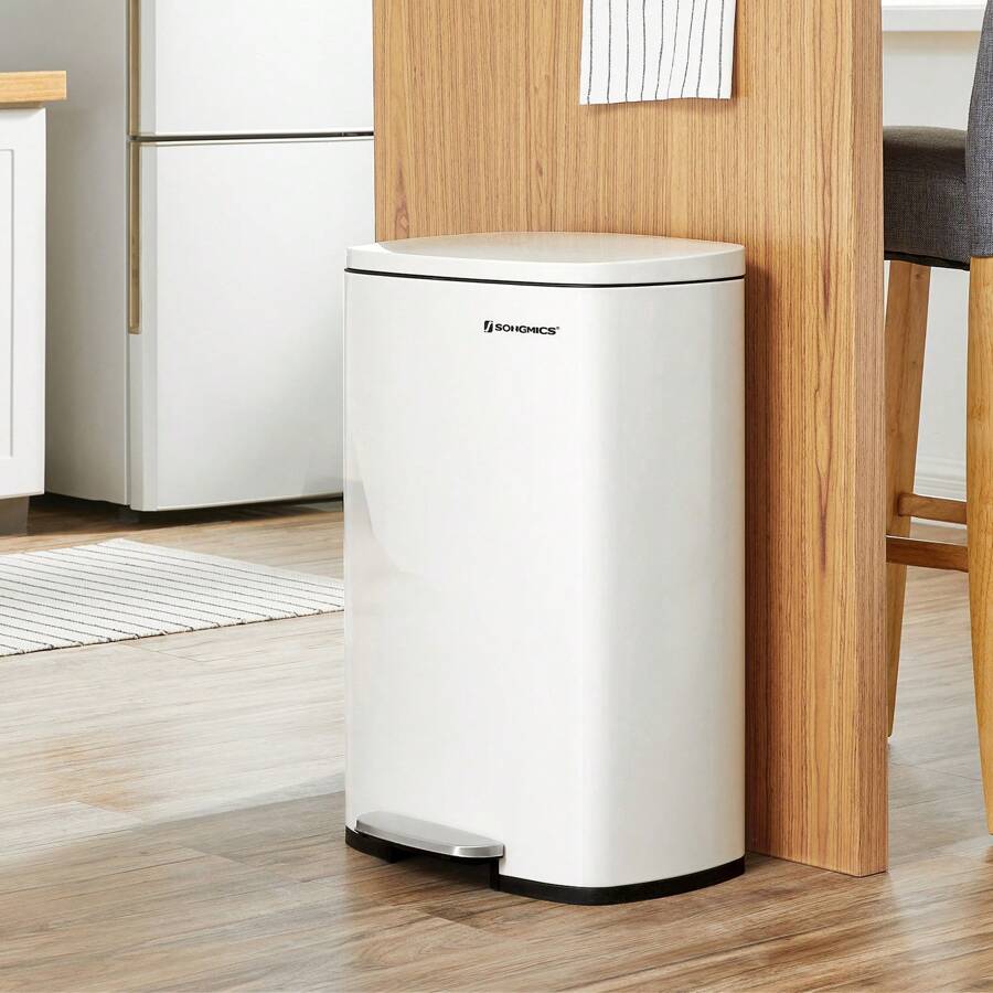 SONGMICS 13 Gallon (50 L) Trash Can, Stainless Steel Kitchen Garbage Can, Recycling Or Waste Bin, Soft Close, Step-On Pedal, Removable Inner Bucket, White - 白色 - 查看 1