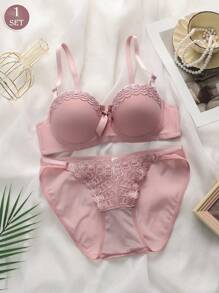 Ladies' Embroidery Bowknot Decor Underwire Lingerie Bras & Panties Set