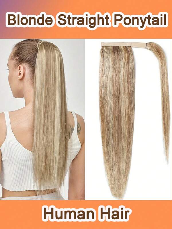 Extensions per capelli umani con coda di cavallo liscia e bionda, extenesions per coda di cavallo con fasce da avvolgere, extension capelli veri molletta-on per donne