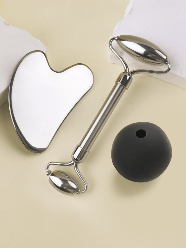 1 pièce/2 pièces/3 pièces Ensemble d'outils de massage du visage en acier inoxydable avec rouleau de massage, plaque de massage et boule de glace, portable et pratique pour le visage, les yeux, les jambes, les bras et les différentes parties du corps