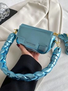 CONTAINEVERY 新款糖果色漆面女士小方包，手工编织手柄时尚单肩包，适合年轻女孩外出、约会、晚会、日常搭配、通勤多用途斜挎包 - 藍色 - 查看 3